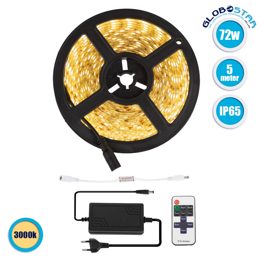 GLOBOSTAR® BRIGHTKIT 70412 Σετ Ταινίας με RF Ασύρματο Χειριστήριο & Τροφοδοτικό LED 72W 6480lm 120° AC 220-240V Αδιάβροχο IP65 300 x SMD5050 Chip Θερμό Λευκό 2700K Dimmable - Sanan SMD Chip - Μ500 x Π1 x Υ0.3cm - Ρολό 5 Μέτρων - 2 Χρόνια Εγγύηση