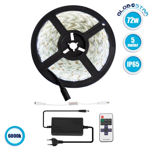 GLOBOSTAR® BRIGHTKIT 70414 Σετ Ταινίας με RF Ασύρματο Χειριστήριο & Τροφοδοτικό LED 72W 7920lm 120° AC 220-240V Αδιάβροχο IP65 300 x SMD5050 Chip Ψυχρό Λευκό 6000K Dimmable - Sanan SMD Chip - Μ500 x Π1 x Υ0.3cm - Ρολό 5 Μέτρων - 2 Χρόνια Εγγύηση