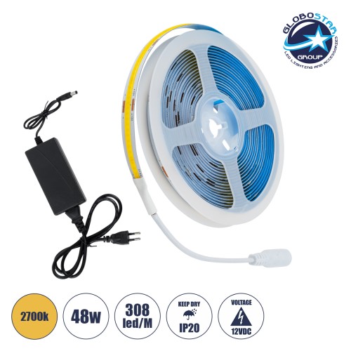 GLOBOSTAR® COBWAVE 70415 Σετ Ταινίας με Τροφοδοτικό LED 48W 4320lm 120° AC 220-240V IP20 1540 x COB Chip Θερμό Λευκό 2700K - Sanan COB Chip - Μ500 x Π1 x Υ0.2cm - Ρολό 5 Μέτρων - 2 Χρόνια Εγγύηση