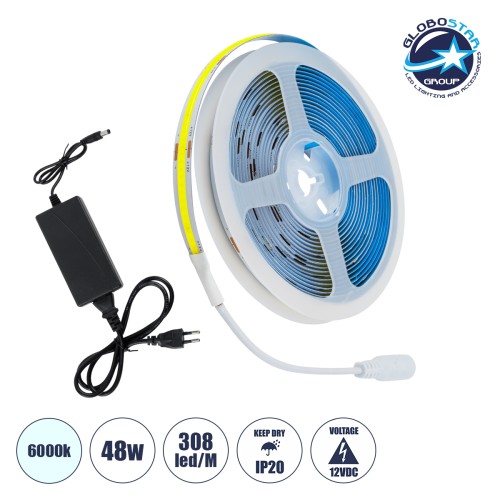 GLOBOSTAR® COBWAVE 70417 Σετ Ταινίας με Τροφοδοτικό LED 48W 5280lm 120° AC 220-240V IP20 1540 x COB Chip Ψυχρό Λευκό 6000K - Sanan COB Chip - Μ500 x Π1 x Υ0.2cm - Ρολό 5 Μέτρων - 2 Χρόνια Εγγύηση