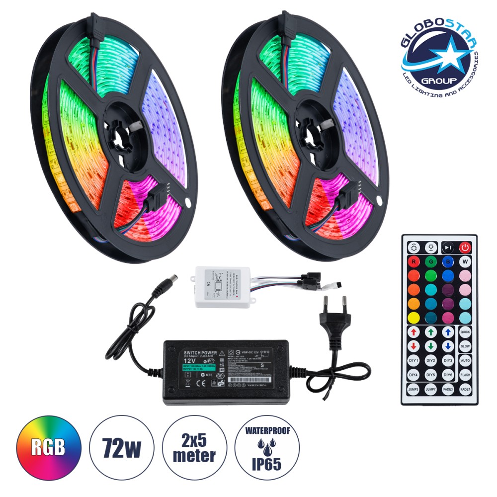 GLOBOSTAR® CHROMAWAVE 70418 Σετ Ταινίας με IR Ασύρματο Χειριστήριο & Τροφοδοτικό LED 72W 4320lm 120° AC 220-240V Αδιάβροχο IP65 300 x SMD5050 Chip Πολύχρωμο RGB Dimmable - Sanan SMD Chip - Μ1000 x Π1 x Υ0.3cm - Δύο Ρολά 5 Μέτρων - 2 Χρόνια Εγγύηση