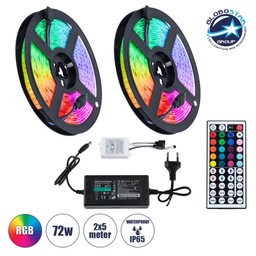 GLOBOSTAR® CHROMAWAVE 70418 Σετ Ταινίας με IR Ασύρματο Χειριστήριο & Τροφοδοτικό LED 72W 4320lm 120° AC 220-240V Αδιάβροχο IP65 300 x SMD5050 Chip Πολύχρωμο RGB Dimmable - Sanan SMD Chip - Μ1000 x Π1 x Υ0.3cm - Δύο Ρολά 5 Μέτρων - 2 Χρόνια Εγγύηση