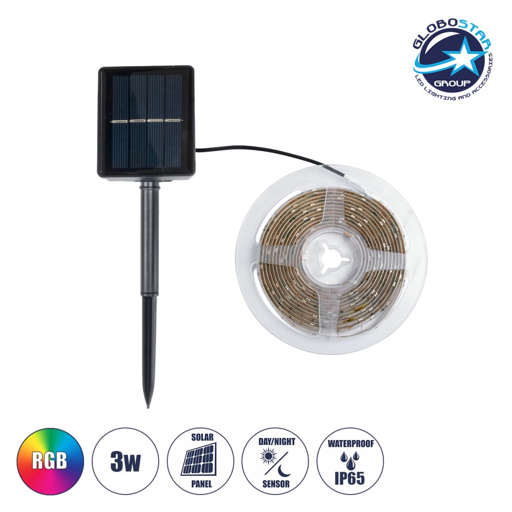 GLOBOSTAR® SOLARSTRIP 70421 Σετ Ταινίας 3W 90lm 120° DC 5V με Φωτοβολταϊκό Panel 5V 0.3W με Αισθητήρα Ημέρας-Νύχτας Αδιάβροχο IP65 90 x SMD2835 Chip Πολύχρωμο RGB Dimmable - Sanan SMD Chip - Μ300 x Π0.8 x Υ0.3cm - Ρολό 3 Μέτρων - 2 Χρόνια Εγγύηση