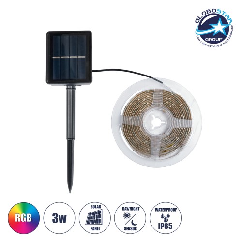 GLOBOSTAR® SOLARSTRIP 70421 Σετ Ταινίας 3W 90lm 120° DC 5V με Φωτοβολταϊκό Panel 5V 0.3W με Αισθητήρα Ημέρας-Νύχτας Αδιάβροχο IP65 90 x SMD2835 Chip Πολύχρωμο RGB Dimmable - Sanan SMD Chip - Μ300 x Π0.8 x Υ0.3cm - Ρολό 3 Μέτρων - 2 Χρόνια Εγγύηση