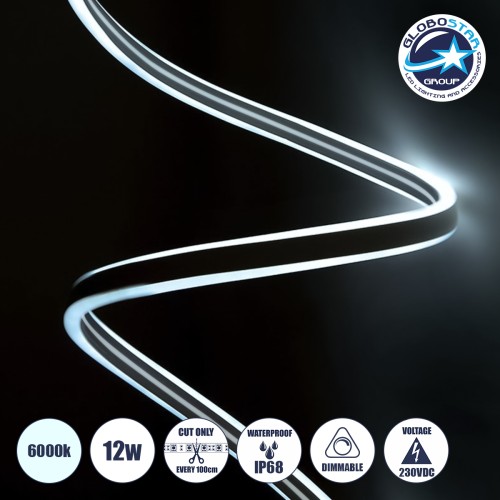 GLOBOSTAR® 70490 DOUBLESIDED 70490 Ταινία Neon Flex LED 12W/m 1080lm/m 240° DC 220-240V Αδιάβροχο IP65 120 x SMD2835 Chip/m Ψυχρό Λευκό 6000K Dimmable - Sanan SMD Chip - Μ100 x Π0.8 x Υ1.6cm - 3 Χρόνια Εγγύηση