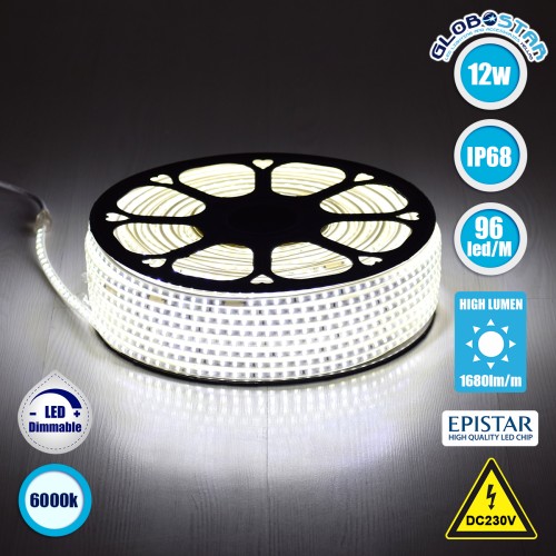 GLOBOSTAR® EPISLIM 70500 Ταινία LED 12W/m 1200lm/m 120° DC 220-240V Αδιάβροχη IP65 96 x SMD2835 Chip/m Ψυχρό Λευκό 6000K Dimmable - Epistar SMD Chip - Μ100 x Π1 x Υ0.5cm - 3 Χρόνια Εγγύηση