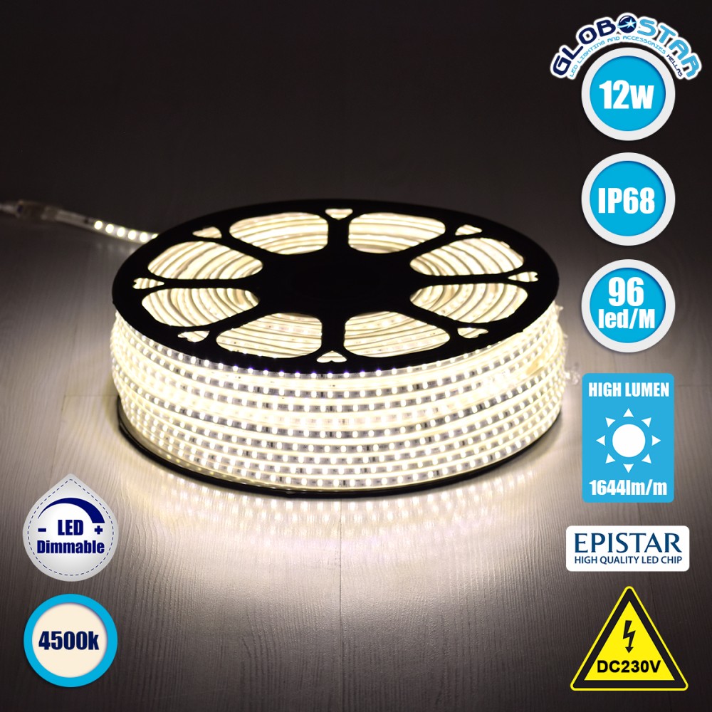 GLOBOSTAR® EPISLIM 70501 Ταινία LED 12W/m 1140lm/m 120° DC 220-240V Αδιάβροχη IP65 96 x SMD2835 Chip/m Φυσικό Λευκό 4500K Dimmable - Epistar SMD Chip - Μ100 x Π1 x Υ0.5cm - 3 Χρόνια Εγγύηση