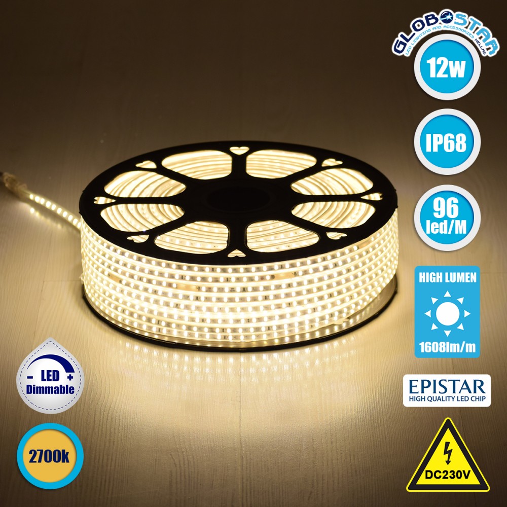 GLOBOSTAR® EPISLIM 70502 Ταινία LED 12W/m 1080lm/m 120° DC 220-240V Αδιάβροχη IP65 96 x SMD2835 Chip/m Θερμό Λευκό 2700K Dimmable - Epistar SMD Chip - Μ100 x Π1 x Υ0.5cm - 3 Χρόνια Εγγύηση