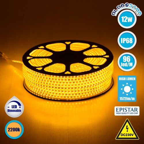 GLOBOSTAR® EPISLIM 70503 Ταινία LED 12W/m 1020lm/m 120° DC 220-240V Αδιάβροχη IP65 96 x SMD2835 Chip/m Ultra Θερμό Λευκό 2200K Dimmable - Epistar SMD Chip - Μ100 x Π1 x Υ0.5cm - 3 Χρόνια Εγγύηση