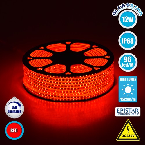 GLOBOSTAR® EPISLIM 70504 Ταινία LED 12W/m 780lm/m 120° DC 220-240V Αδιάβροχη IP65 96 x SMD2835 Chip/m Κόκκινο Dimmable - Epistar SMD Chip - Μ100 x Π1 x Υ0.5cm - 3 Χρόνια Εγγύηση