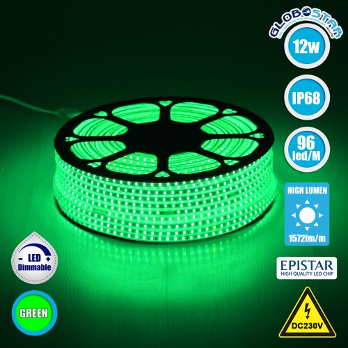 GLOBOSTAR® EPISLIM 70505 Ταινία LED 12W/m 780lm/m 120° DC 220-240V Αδιάβροχη IP65 96 x SMD2835 Chip/m Πράσινο Dimmable - Epistar SMD Chip - Μ100 x Π1 x Υ0.5cm - 3 Χρόνια Εγγύηση