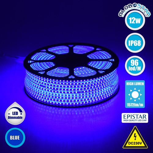 GLOBOSTAR® EPISLIM 70506 Ταινία LED 12W/m 780lm/m 120° DC 220-240V Αδιάβροχη IP65 96 x SMD2835 Chip/m Μπλε Dimmable - Epistar SMD Chip - Μ100 x Π1 x Υ0.5cm - 3 Χρόνια Εγγύηση