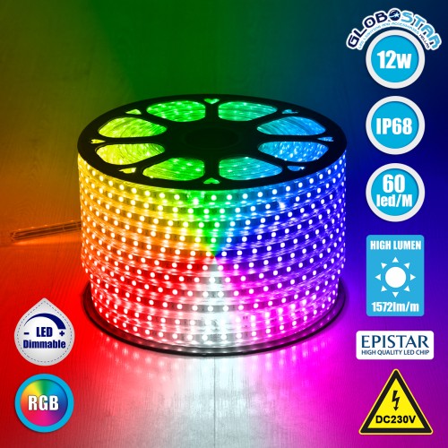 GLOBOSTAR® EPISLIM 70507 Ταινία LED 12W/m 780lm/m 120° DC 220-240V Αδιάβροχη IP65 60 x SMD5050 Chip/m Πολύχρωμο RGB Dimmable - Epistar SMD Chip - M100 x Π1.5 x Υ0.6cm - 3 Χρόνια Εγγύηση