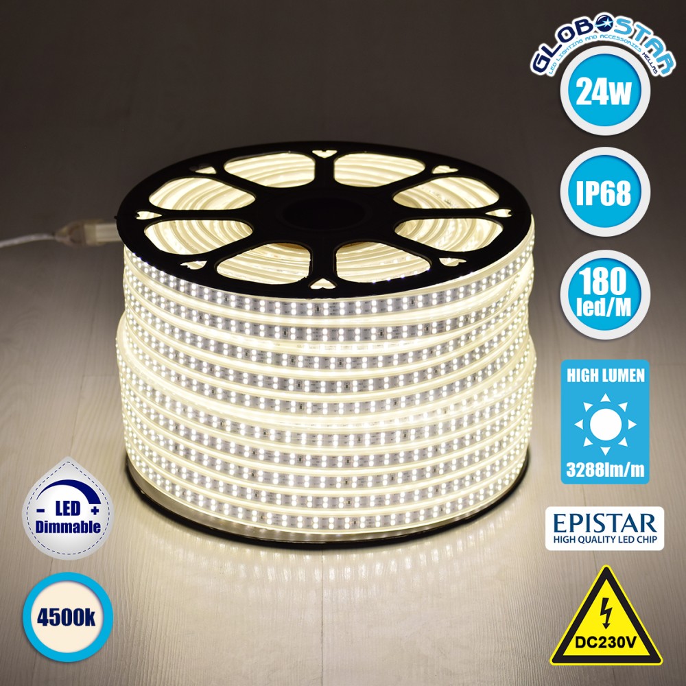 GLOBOSTAR® EPIWIDE 70511 Ταινία LED 24W/m 2280lm/m 120° DC 220-240V Αδιάβροχη IP65 180 x SMD2835 Chip/m Φυσικό Λευκό 4500K Dimmable - Epistar SMD Chip - M100 x Π1.6 x Υ0.7cm - 3 Χρόνια Εγγύηση