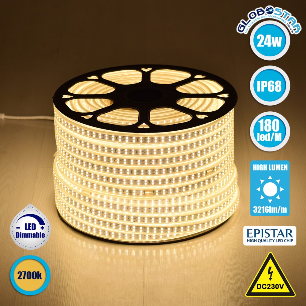 GLOBOSTAR® EPIWIDE 70512 Ταινία LED 24W/m 2160lm/m 120° DC 220-240V Αδιάβροχη IP65 180 x SMD2835 Chip/m Θερμό Λευκό 2700K Dimmable - Epistar SMD Chip - M100 x Π1.6 x Υ0.7cm - 3 Χρόνια Εγγύηση