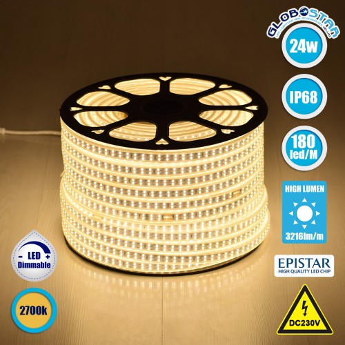 GLOBOSTAR® EPIWIDE 70512 Ταινία LED 24W/m 2160lm/m 120° DC 220-240V Αδιάβροχη IP65 180 x SMD2835 Chip/m Θερμό Λευκό 2700K Dimmable - Epistar SMD Chip - M100 x Π1.6 x Υ0.7cm - 3 Χρόνια Εγγύηση
