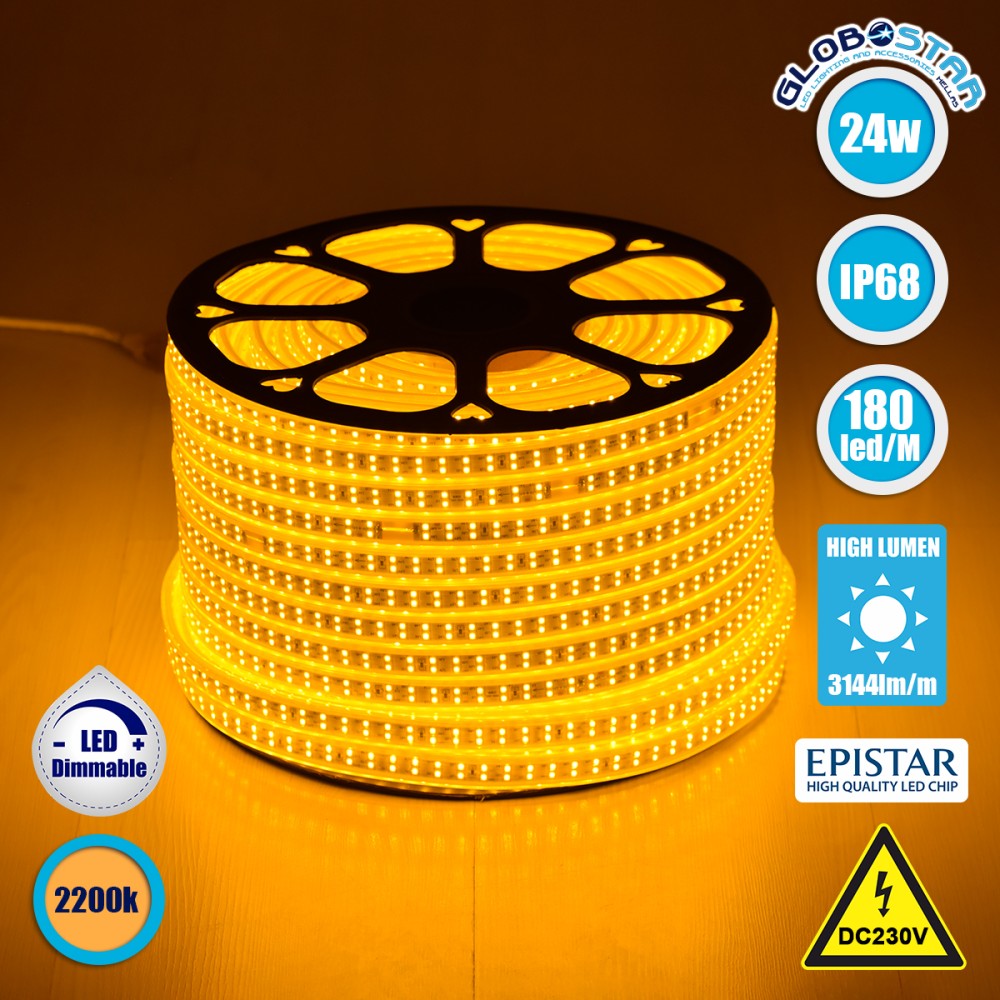 GLOBOSTAR® EPIWIDE 70513 Ταινία LED 24W/m 2040lm/m 120° DC 220-240V Αδιάβροχη IP65 180 x SMD2835 Chip/m Ultra Θερμό Λευκό 2200K Dimmable - Epistar SMD Chip - M100 x Π1.6 x Υ0.7cm - 3 Χρόνια Εγγύηση