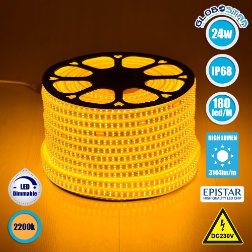 GLOBOSTAR® EPIWIDE 70513 Ταινία LED 24W/m 2040lm/m 120° DC 220-240V Αδιάβροχη IP65 180 x SMD2835 Chip/m Ultra Θερμό Λευκό 2200K Dimmable - Epistar SMD Chip - M100 x Π1.6 x Υ0.7cm - 3 Χρόνια Εγγύηση