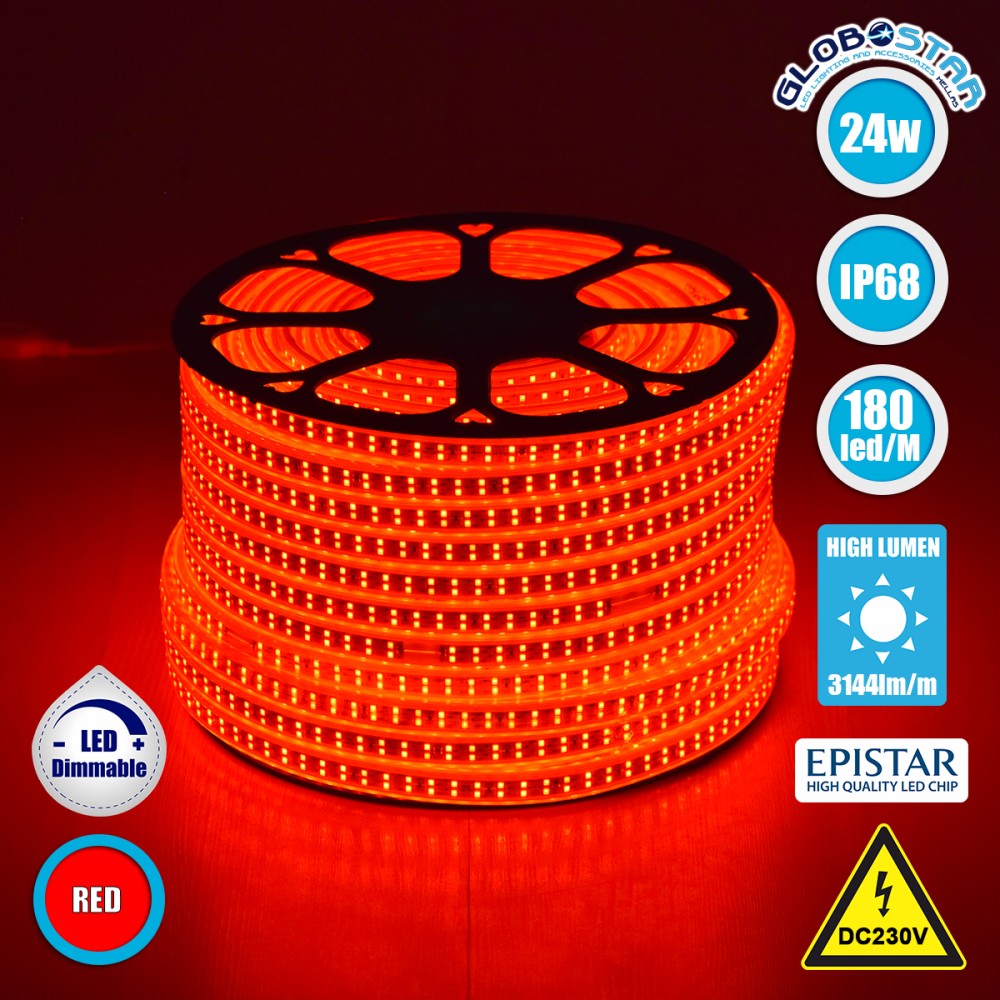 GLOBOSTAR® EPIWIDE 70514 Ταινία LED 24W/m 1560lm/m 120° DC 220-240V Αδιάβροχη IP65 180 x SMD2835 Chip/m Κόκκινο Dimmable - Epistar SMD Chip - M100 x Π1.6 x Υ0.7cm - 3 Χρόνια Εγγύηση