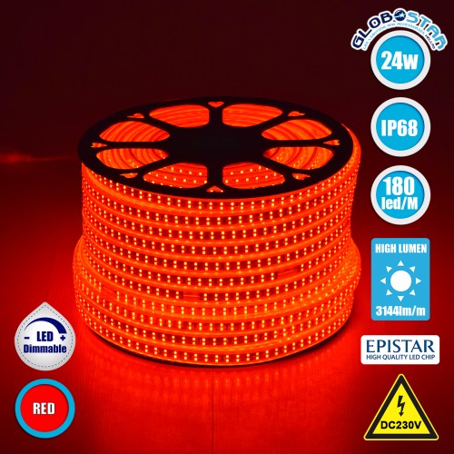 GLOBOSTAR® EPIWIDE 70514 Ταινία LED 24W/m 1560lm/m 120° DC 220-240V Αδιάβροχη IP65 180 x SMD2835 Chip/m Κόκκινο Dimmable - Epistar SMD Chip - M100 x Π1.6 x Υ0.7cm - 3 Χρόνια Εγγύηση