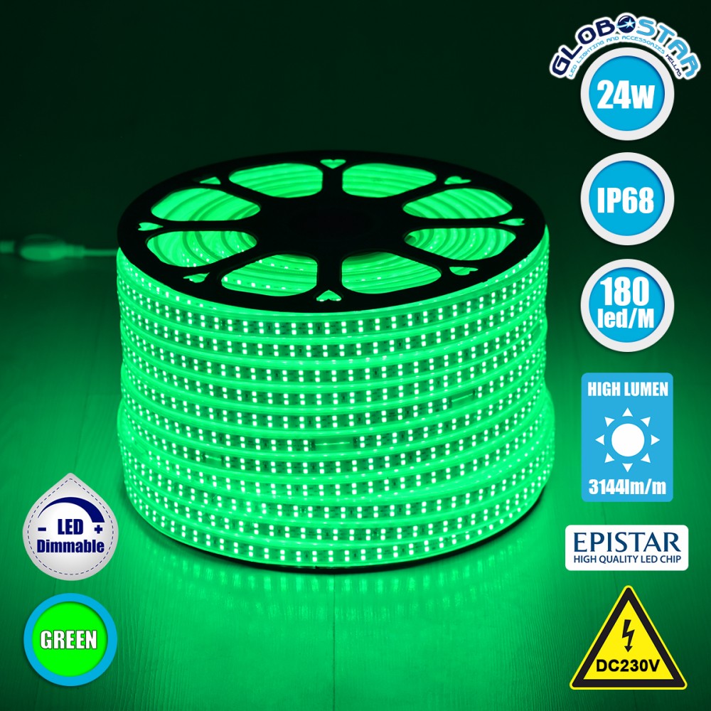 GLOBOSTAR® EPIWIDE 70515 Ταινία LED 24W/m 1560lm/m 120° DC 220-240V Αδιάβροχη IP65 180 x SMD2835 Chip/m Πράσινο Dimmable - Epistar SMD Chip - M100 x Π1.6 x Υ0.7cm - 3 Χρόνια Εγγύηση