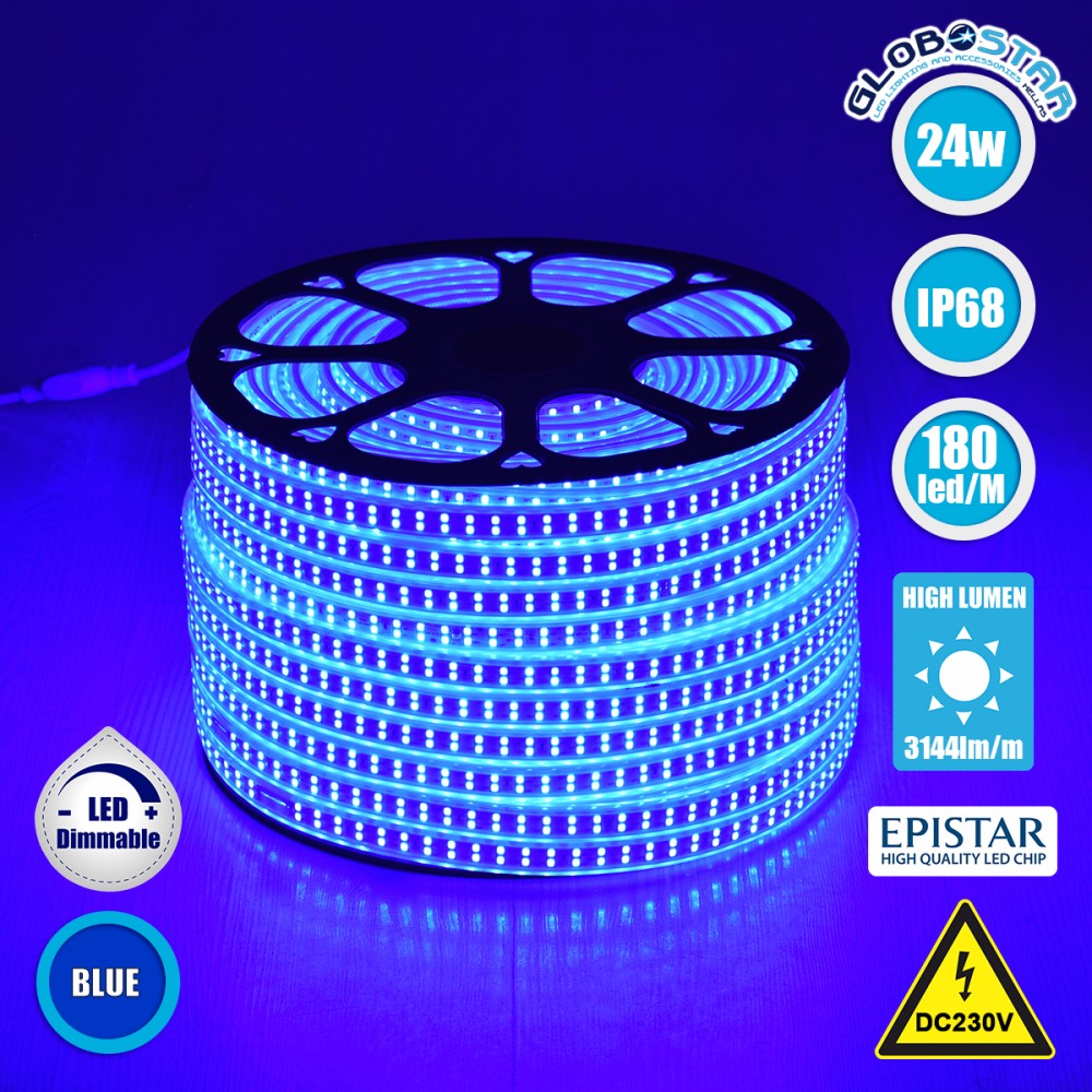 GLOBOSTAR® EPIWIDE 70516 Ταινία LED 24W/m 1560lm/m 120° DC 220-240V Αδιάβροχη IP65 180 x SMD2835 Chip/m Μπλε Dimmable - Epistar SMD Chip - M100 x Π1.6 x Υ0.7cm - 3 Χρόνια Εγγύηση