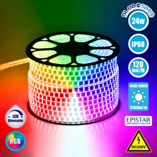 GLOBOSTAR® EPIWIDE 70517 Ταινία LED 24W/m 1560lm/m 120° DC 220-240V Αδιάβροχη IP65 120 x SMD5050 Chip/m Πολύχρωμο RGB Dimmable - Epistar SMD Chip - M100 x Π1.7 x Υ0.7cm - 3 Χρόνια Εγγύηση