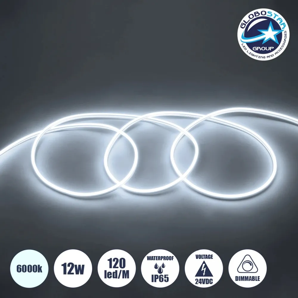 GLOBOSTAR® NEOVALE 70560 Ταινία Neon Flex LED 12W/m 1080lm/m 120° DC 24V Αδιάβροχο IP65 120 x SMD2835 Chip/m Ψυχρό Λευκό 6000K Dimmable - Sanan SMD Chip - Μ100 x Π0.8 x Υ1.6cm - 3 Χρόνια Εγγύηση