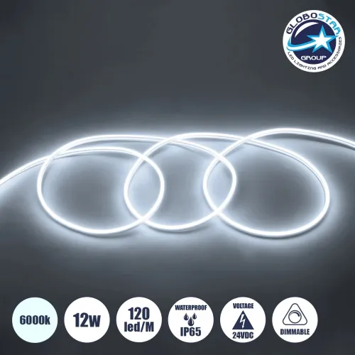 GLOBOSTAR® NEOVALE 70560 Ταινία Neon Flex LED 12W/m 1080lm/m 120° DC 24V Αδιάβροχο IP65 120 x SMD2835 Chip/m Ψυχρό Λευκό 6000K Dimmable - Sanan SMD Chip - Μ100 x Π0.8 x Υ1.6cm - 3 Χρόνια Εγγύηση