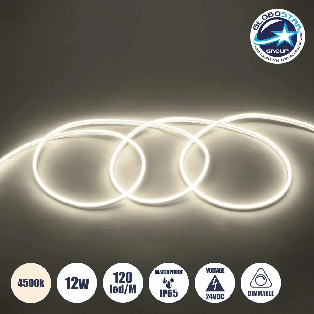 GLOBOSTAR® NEOVALE 70561 Ταινία Neon Flex LED 12W/m 960lm/m 120° DC 24V Αδιάβροχο IP65 120 x SMD2835 Chip/m Φυσικό Λευκό 4500K Dimmable - Sanan SMD Chip - Μ100 x Π0.8 x Υ1.6cm - 3 Χρόνια Εγγύηση