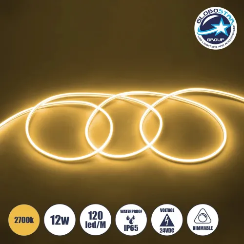 GLOBOSTAR® NEOVALE 70562 Ταινία Neon Flex LED 12W/m 840lm/m 120° DC 24V Αδιάβροχο IP65 120 x SMD2835 Chip/m Θερμό Λευκό 2700K Dimmable - Sanan SMD Chip - Μ100 x Π0.8 x Υ1.6cm - 3 Χρόνια Εγγύηση