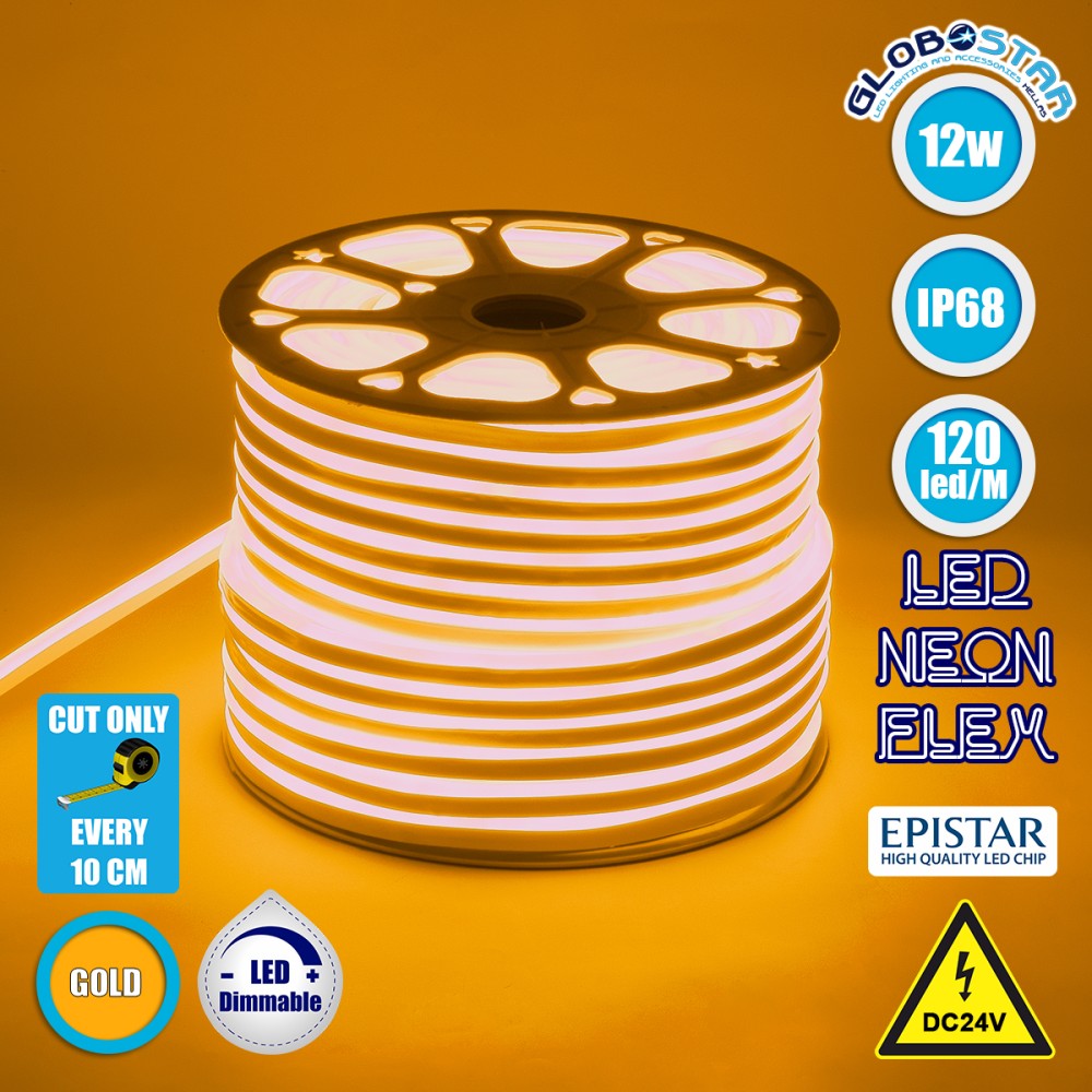 GLOBOSTAR® NEOVALE 70566 Ταινία Neon Flex LED 12W/m 720lm/m 120° DC 24V Αδιάβροχο IP65 120 x SMD2835 Chip/m Ultra Θερμό Λευκό 2200K Dimmable - Sanan SMD Chip - Μ100 x Π0.8 x Υ1.6cm - 3 Χρόνια Εγγύηση