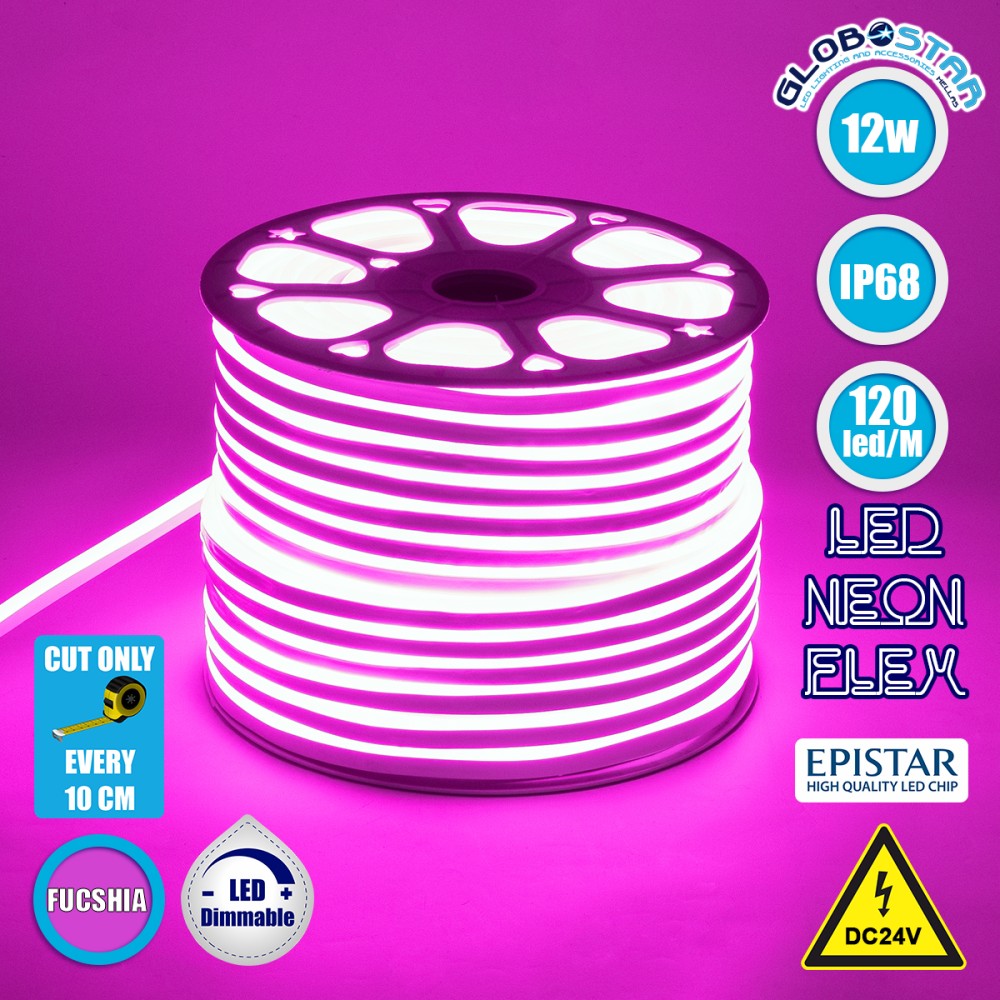 GLOBOSTAR® NEOVALE 70567 Ταινία Neon Flex LED 12W/m 600lm/m 120° DC 24V Αδιάβροχο IP65 120 x SMD2835 Chip/m Ροζ Dimmable - Sanan SMD Chip - Μ100 x Π0.8 x Υ1.6cm - 3 Χρόνια Εγγύηση