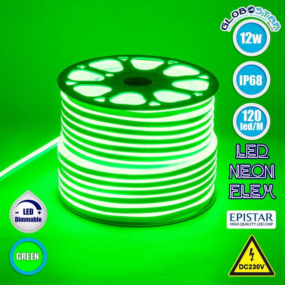 GLOBOSTAR® NEOVALE 70574 Ταινία Neon Flex LED 12W/m 600lm/m 120° DC 220-240V Αδιάβροχο IP65 120 x SMD2835 Chip/m Πράσινο Dimmable - Sanan SMD Chip - Μ100 x Π0.8 x Υ1.6cm - 3 Χρόνια Εγγύηση