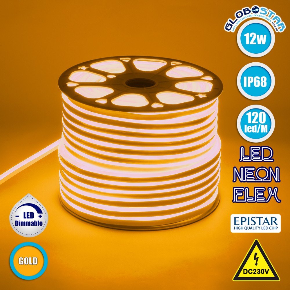 GLOBOSTAR® NEOVALE 70576 Ταινία Neon Flex LED 12W/m 720lm/m 120° DC 220-240V Αδιάβροχο IP65 120 x SMD2835 Chip/m Ultra Θερμό Λευκό 2200K Dimmable - Sanan SMD Chip - Μ100 x Π0.8 x Υ1.6cm - 3 Χρόνια Εγγύηση