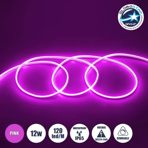GLOBOSTAR® NEOVALE 70577 Ταινία Neon Flex LED 12W/m 600lm/m 120° DC 220-240V Αδιάβροχο IP65 120 x SMD2835 Chip/m Ροζ Dimmable - Sanan SMD Chip - Μ100 x Π0.8 x Υ1.6cm - 3 Χρόνια Εγγύηση