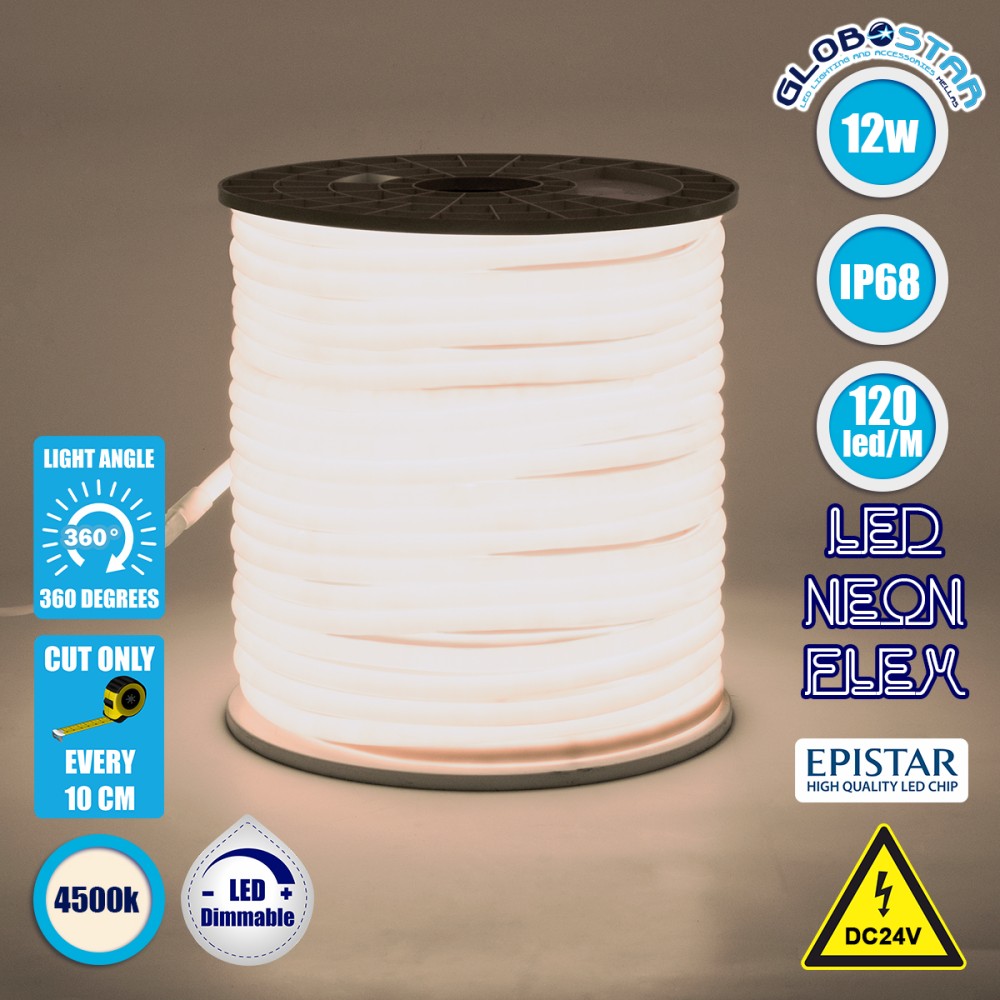 GLOBOSTAR® NEOTUBE 70581 Ταινία Neon Flex LED 12W/m 960lm/m 360° DC 24V Αδιάβροχο IP65 120 x SMD2835 Chip/m Φυσικό Λευκό 4500K Dimmable - Sanan SMD Chip - Μ100 x Π1.3 x Υ1.3cm - 3 Χρόνια Εγγύηση