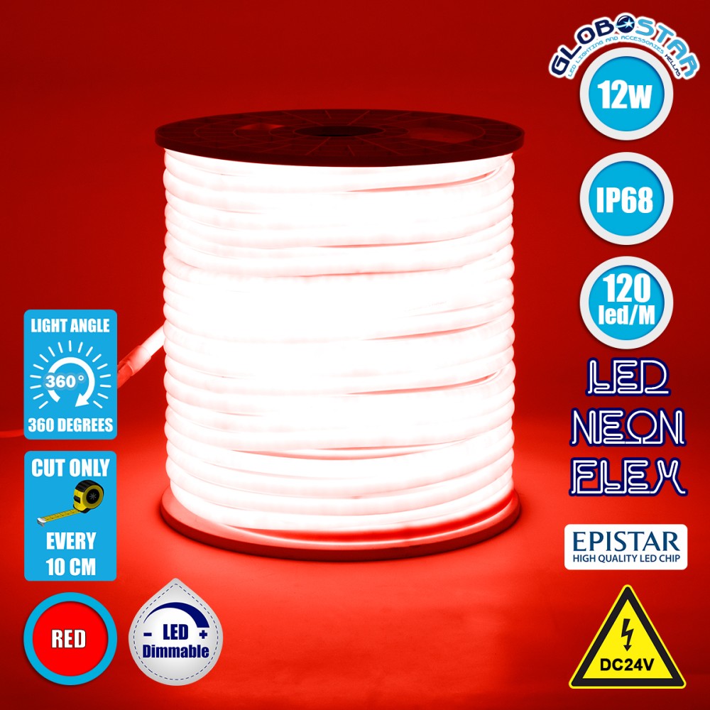 GLOBOSTAR® NEOTUBE 70583 Ταινία Neon Flex LED 12W/m 600lm/m 360° DC 24V Αδιάβροχο IP65 120 x SMD2835 Chip/m Κόκκινο Dimmable - Sanan SMD Chip - Μ100 x Π1.3 x Υ1.3cm - 3 Χρόνια Εγγύηση