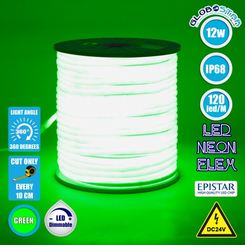 GLOBOSTAR® NEOTUBE 70584 Ταινία Neon Flex LED 12W/m 600lm/m 360° DC 24V Αδιάβροχο IP65 120 x SMD2835 Chip/m Πράσινο Dimmable - Sanan SMD Chip - Μ100 x Π1.3 x Υ1.3cm - 3 Χρόνια Εγγύηση
