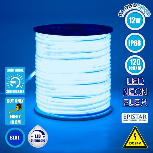 GLOBOSTAR® NEOTUBE 70585 Ταινία Neon Flex LED 12W/m 600lm/m 360° DC 24V Αδιάβροχο IP65 120 x SMD2835 Chip/m Μπλε Dimmable - Sanan SMD Chip - Μ100 x Π1.3 x Υ1.3cm - 3 Χρόνια Εγγύηση