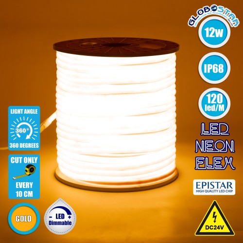 GLOBOSTAR® NEOTUBE 70586 Ταινία Neon Flex LED 12W/m 720lm/m 360° DC 24V Αδιάβροχο IP65 120 x SMD2835 Chip/m Ultra Θερμό Λευκό 2200K Dimmable - Sanan SMD Chip - Μ100 x Π1.3 x Υ1.3cm - 3 Χρόνια Εγγύηση