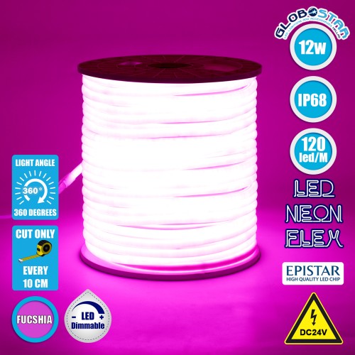 GLOBOSTAR® NEOTUBE 70587 Ταινία Neon Flex LED 12W/m 600lm/m 360° DC 24V Αδιάβροχο IP65 120 x SMD2835 Chip/m Ροζ Dimmable - Sanan SMD Chip - Μ100 x Π1.3 x Υ1.3cm - 3 Χρόνια Εγγύηση