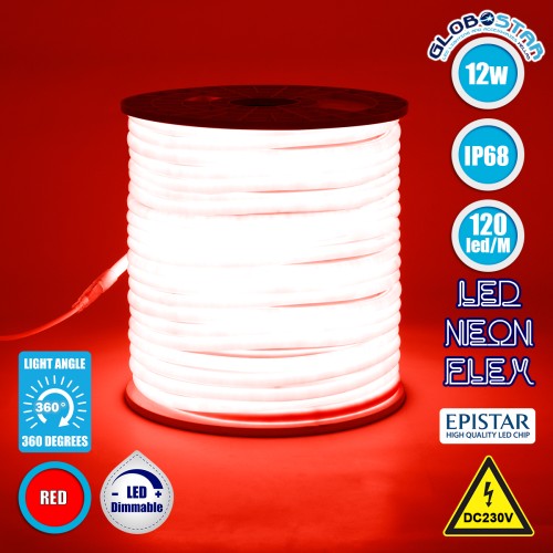 GLOBOSTAR® NEOTUBE 70593 Ταινία Neon Flex LED 12W/m 600lm/m 360° DC 220-240V Αδιάβροχο IP65 120 x SMD2835 Chip/m Κόκκινο Dimmable - Sanan SMD Chip - Μ100 x Π1.3 x Υ1.3cm - 3 Χρόνια Εγγύηση