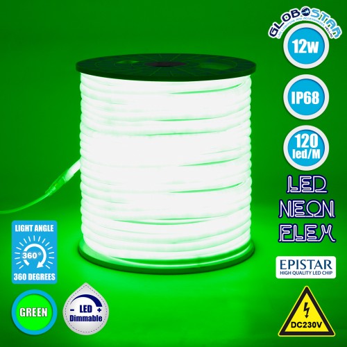GLOBOSTAR® NEOTUBE 70594 Ταινία Neon Flex LED 12W/m 600lm/m 360° DC 220-240V Αδιάβροχο IP65 120 x SMD2835 Chip/m Πράσινο Dimmable - Sanan SMD Chip - Μ100 x Π1.3 x Υ1.3cm - 3 Χρόνια Εγγύηση