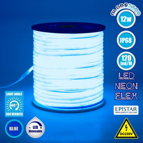 GLOBOSTAR® NEOTUBE 70595 Ταινία Neon Flex LED 12W/m 600lm/m 360° DC 220-240V Αδιάβροχο IP65 120 x SMD2835 Chip/m Μπλε Dimmable - Sanan SMD Chip - Μ100 x Π1.3 x Υ1.3cm - 3 Χρόνια Εγγύηση