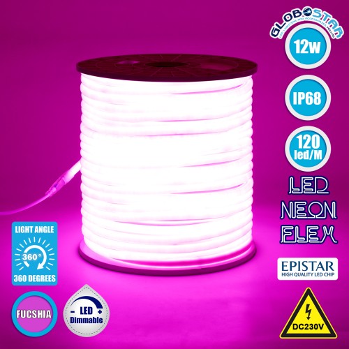 GLOBOSTAR® NEOTUBE 70597 Ταινία Neon Flex LED 12W/m 600lm/m 360° DC 220-240V Αδιάβροχο IP65 120 x SMD2835 Chip/m Ροζ Dimmable - Sanan SMD Chip - Μ100 x Π1.3 x Υ1.3cm - 3 Χρόνια Εγγύηση