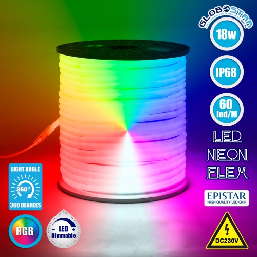 GLOBOSTAR® NEOTUBE 70598 Ταινία Neon Flex LED 18W/m 900lm/m 360° DC 220-240V Αδιάβροχο IP65 60 x SMD5050 Chip/m Πολύχρωμο RGB Dimmable - Sanan SMD Chip - Μ100 x Π2.1 x Υ2.1cm - 3 Χρόνια Εγγύηση