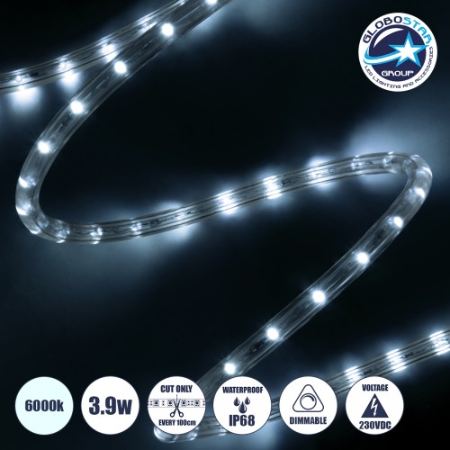 GLOBOSTAR® LIGHTUBE 70600 Φωτοσωλήνας LED 3.9W/m 195lm/m 360° DC 220-240V Αδιάβροχο IP65 36 x Diode Chip/m Ψυχρό Λευκό 6000K Dimmable - Μ100 x Π1.2 x Υ1.2cm - 2 Χρόνια Εγγύηση