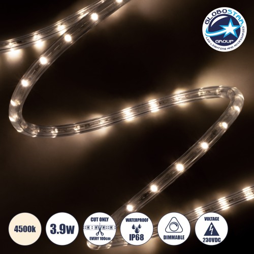 GLOBOSTAR® LIGHTUBE 70601 Φωτοσωλήνας LED 3.9W/m 176lm/m 360° DC 220-240V Αδιάβροχο IP65 36 x Diode Chip/m Φυσικό Λευκό 4500K Dimmable - Μ100 x Π1.2 x Υ1.2cm - 2 Χρόνια Εγγύηση