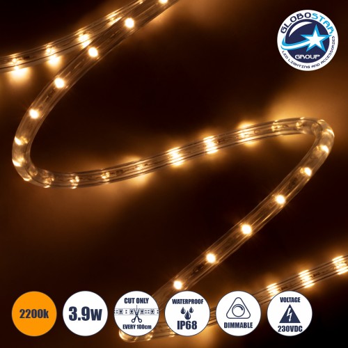 GLOBOSTAR® LIGHTUBE 70603 Φωτοσωλήνας LED 3.9W/m 137lm/m 360° DC 220-240V Αδιάβροχο IP65 36 x Diode Chip/m Ultra Θερμό Λευκό 2200K Dimmable - Μ100 x Π1.2 x Υ1.2cm - 2 Χρόνια Εγγύηση
